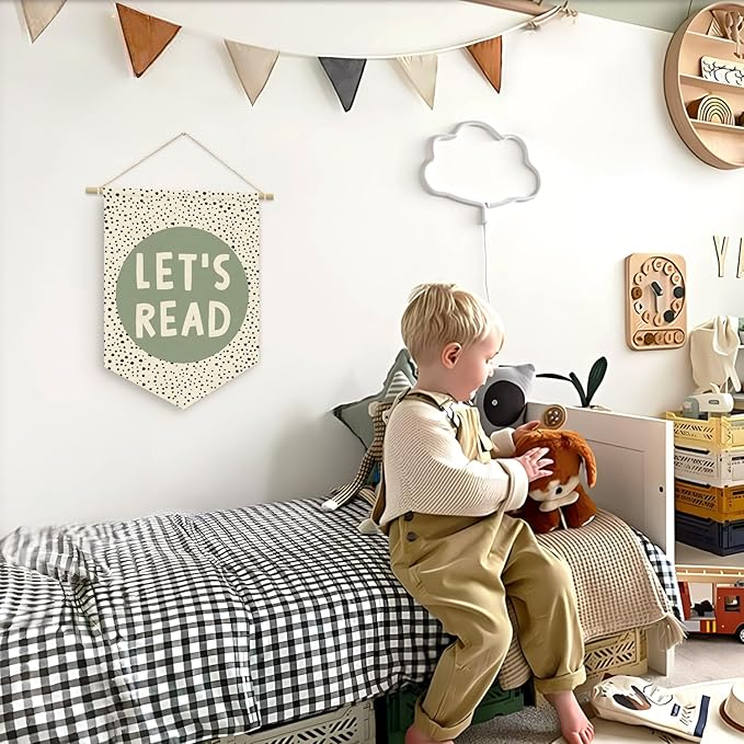 Let's Read Sage Green Banner, Boho Classroom Decor, Trendy Black Dots Wall Hanging Pennant Flag Banner Decor for Reading Corner Nook