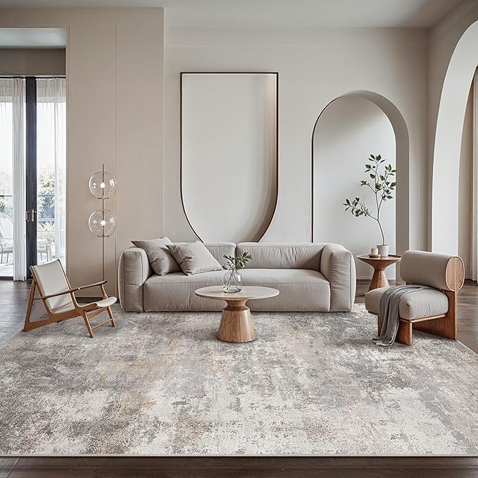GENIMO Washable 8x10 Area Rugs for Living Room, Non Slip Modern Abstract Rug, Machine Washable Stain Resistant Low Pile Soft Carpet for Bedroom, Dining, Office, Light Grey Brown