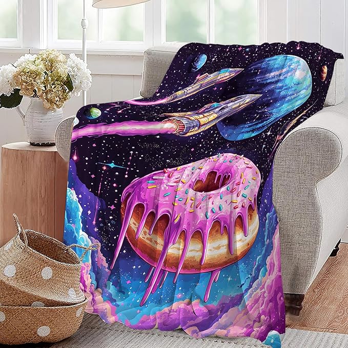 Donut Blanket Space Donut Decor Throw Blanket Super Soft Flannel Lightweight Fluffy Plush Cozy Fuzzy Fleece Food Blanket Gifts for Girl Boys Woman Man Kids Adults for Bed Sofa Couch 40"X50"