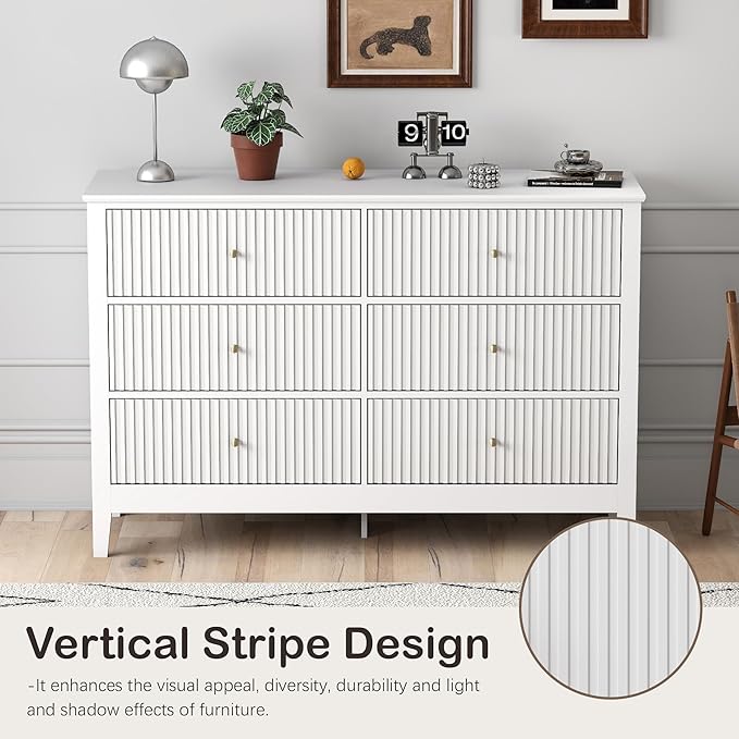 White Dresser for Bedroom, 6 Drawers Fluted Chest of Drawers with Storage, Modern Wide Storage Dresser with Paint Design, Wood Drawer Organizer White Dressers for Hallway, Entryway