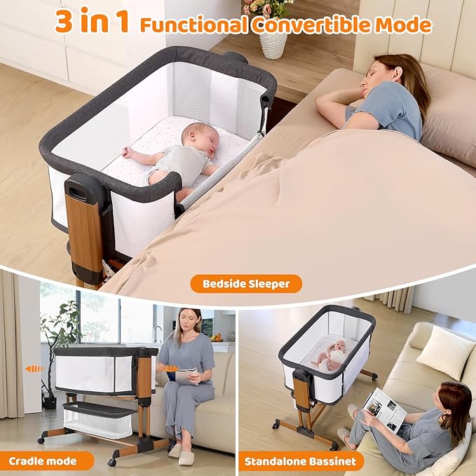Ezebaby 3-in-1 Baby Bassinet, Rocking Baby Bassinets Bedside Sleeper, Adjustable Portable Crib for Newborn Infant with Wheels Storage Basket and Mesh Sides