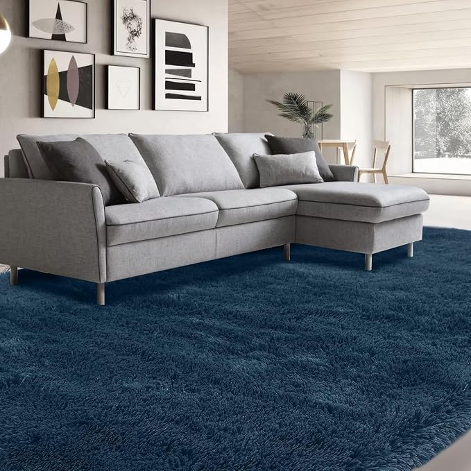 Shag Rug 9x12 for Living Room: Large Area Rug 9 X 12 Navy Blue for Living Room - Soft Plush Blue Rugs Modern Shaggy Fuzzy Floor Carpet (Navy Blue/9 by 12 Feet)