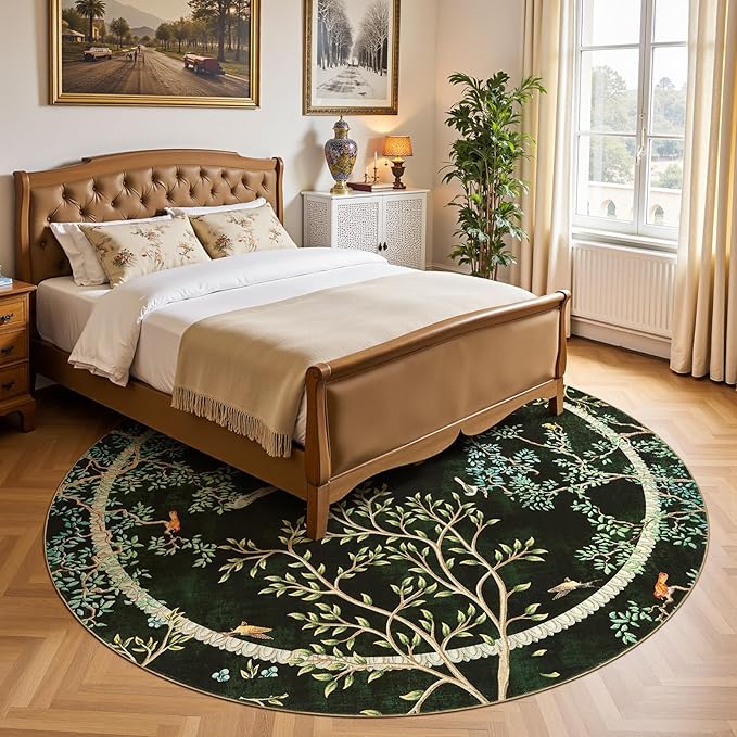 jinchan Yarden Christmas Round Rugs 7ft Moss Green Botanical Birds Print,Machine Washable 7' Circle Nature Plants Modern Soft Non-Slip Kids Throw Area Rugs, Low Pile Carpet for Living Room Bedroom