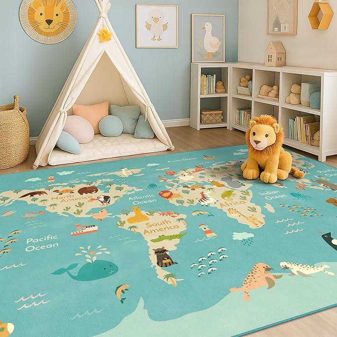 Large 8x10 Playroom Rugs - Kids Play Rug for Classroom Elementary, Bedroom, Living Room, Washable Soft Cute World Map Carpet with Ocean, Continents & Animals