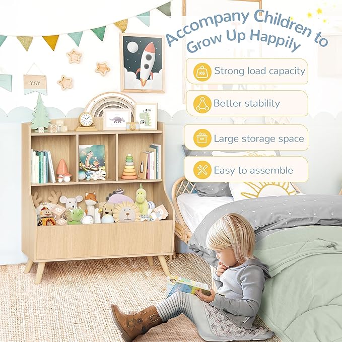 Curipeer Kids Bookshelf and Toy Storage, 3-Tier Wooden Bookcase, Baby Book and Toy Storage Display Organizer with Spacious Top Shelf for Children, Family, Natural Wood Color(Large Size)