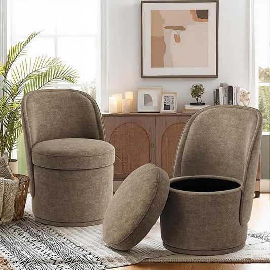 Swivel Accent Chair Set of 2, 360° Swivel Round Chair with Hidden Storage, Modern Small Barrel Armchair for Living Room/Bedroom, Brown