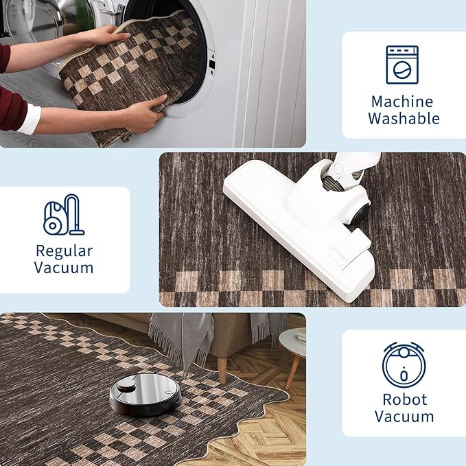 GarveeHome 10x13 Area Rug Large Living Room Scalloped Rug Non Slip Low Pile Bedroom Throw Carpet Soft Modern Bordered Dining Room Rug Stain Resistant Boho Carpet for Home Office, Brown