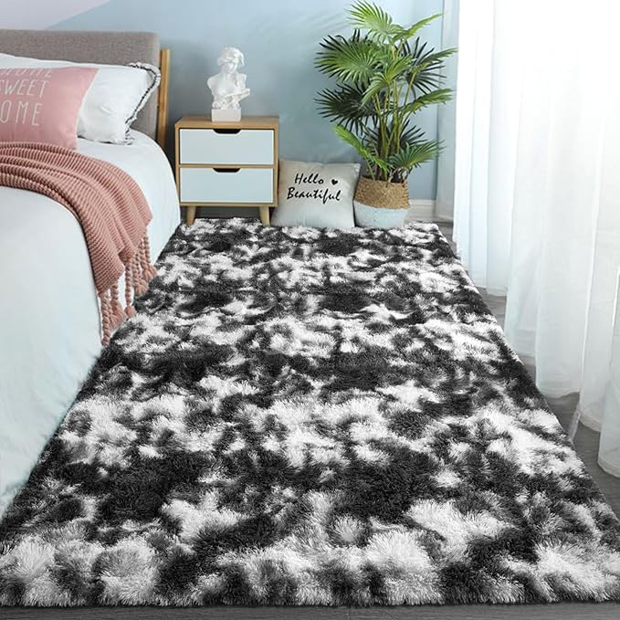 DweIke Fluffy Black White Shag Rugs for Bedroom Living Room, 3x5 Feet Soft Plush Tie-Dyed Cow Girls Boys Kids Rug, Non-Slip and Machine Washable Carpet for Dorm Nursery Classroom Decor
