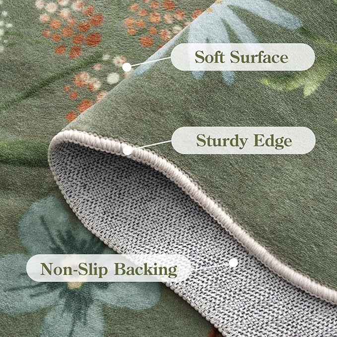 Lahome Floral Rugs for Entryway, 2x4 Washable Kitchen Rugs Ultra-Thin Soft Rug, Non Slip Indoor Door Mat Stain Resistant Boho Small Low-Pile Throw Carpet for Bathroom Bedroom(2x4ft,Green)