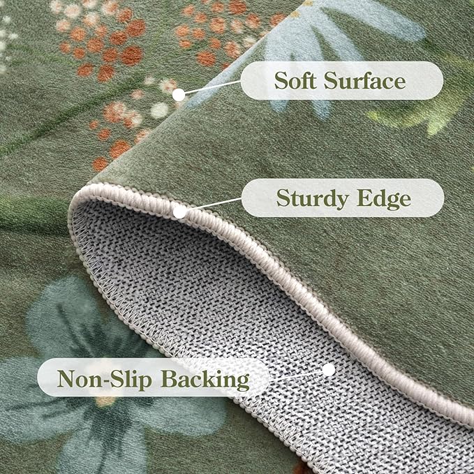 Lahome Floral Washable 6x9 Area Rugs, Soft Bedroom Rug for Living Room Ultra-Thin Non Slip Dining Room Rug, Stain Resistant Boho Green Rugs Easy Clean Throw Carpet for Office(6'x9',Green)