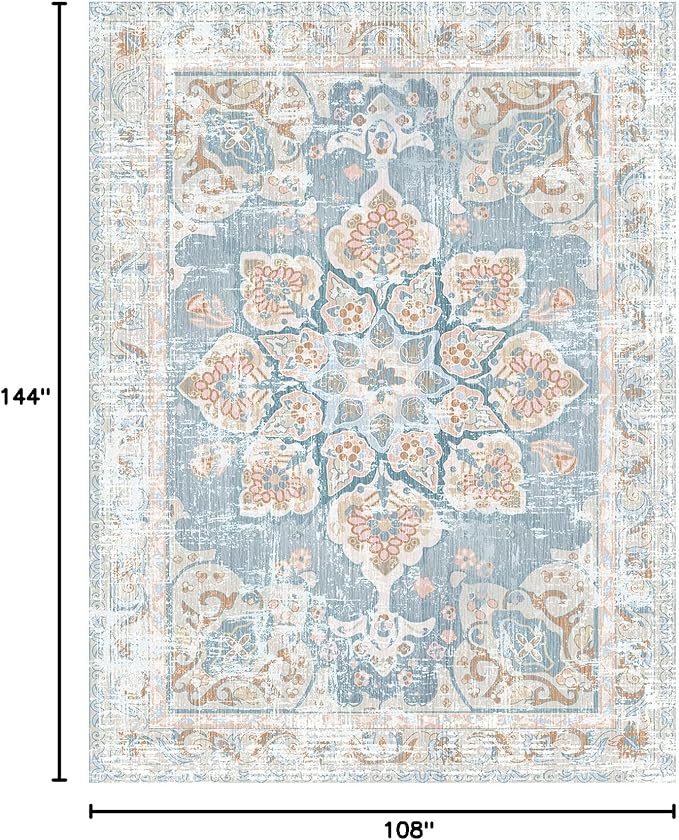 Vhong Washable Boho Area Rugs Vintage Neutral Modern Pale Blue 9x12 Non Slip Large Carpet for Living Room Dining Room Bedroom Farmhouse