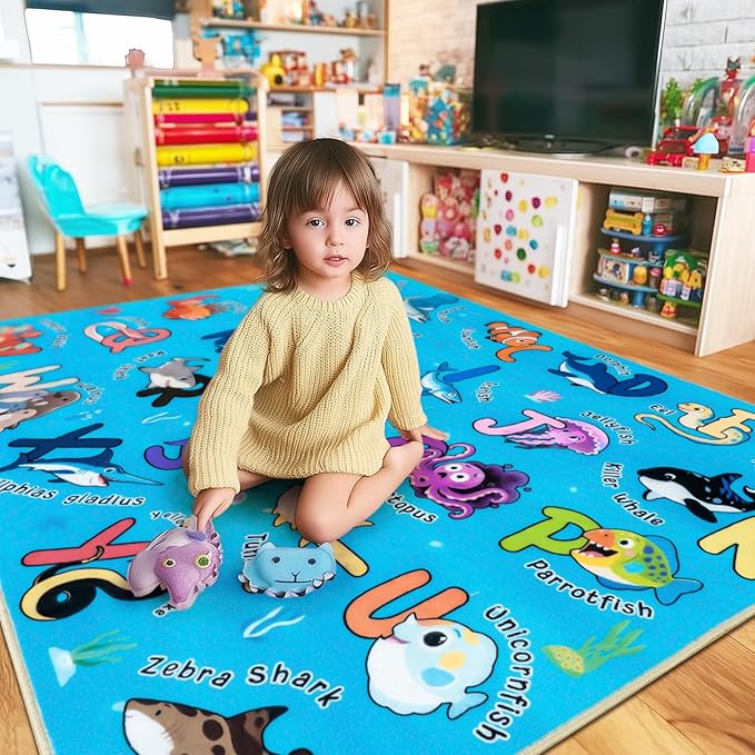 Kids Rugs for Playroom, 4x5 Ft Ocean Rug Baby Play Mat ABC Alphabet Rug Soft Machine Washable Non-Slip Educational Carpet for Classroom Toddler Nursery Kids Room Decor, Blue