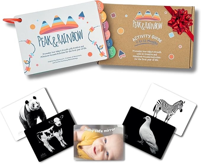 Montessori Baby Activity Cards 0-12 Months | 40+ Creative Playtime Activities to Stimulate Development for Babies| Includes High Contrast Cards and Tummy Time Mirror| Baby Must Haves| New Parent Gift