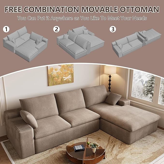 Cloud Sectional Couch,107 Inch Modular Sectional Sofa with Deep Seat, Modern Corduroy Boneless Couches with L-Shape Chaise for Living Room Bedroom, No Assembly Required (Camel, Right Facing Chaise)
