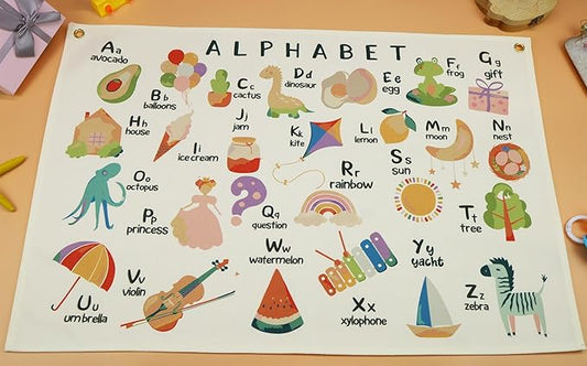 Alphabet ABCD Nursery Rectangular Canvas Banner-Boho Flag Wall Art for Boy Girl Kids,Above Crib Nursery Kindergarten Reading Room Playroom Decor-Baby Growth Stuff-Baby Shower Birthday Christmas Gift