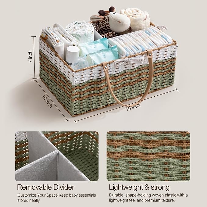 HBlife Large Diaper Caddy Organizer, Portable Paper Rope Woven Basket with Divider, Nursery Diaper Station Organizer, Baby Shower Gifts Basket & Car Organizer, Newborn Essentials