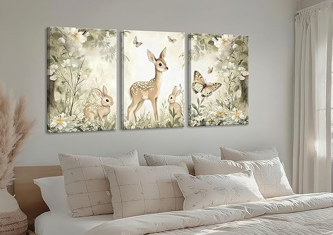 3Pcs Woodland Animal Nursery Canvas Wall Art Cute Forest Animal Wall Decor Pictures Deer and Butterfly Wildflowers Posters Prints for Nursery Bedroom Kids Room Home Decoration Prepare to Hang 12X16in