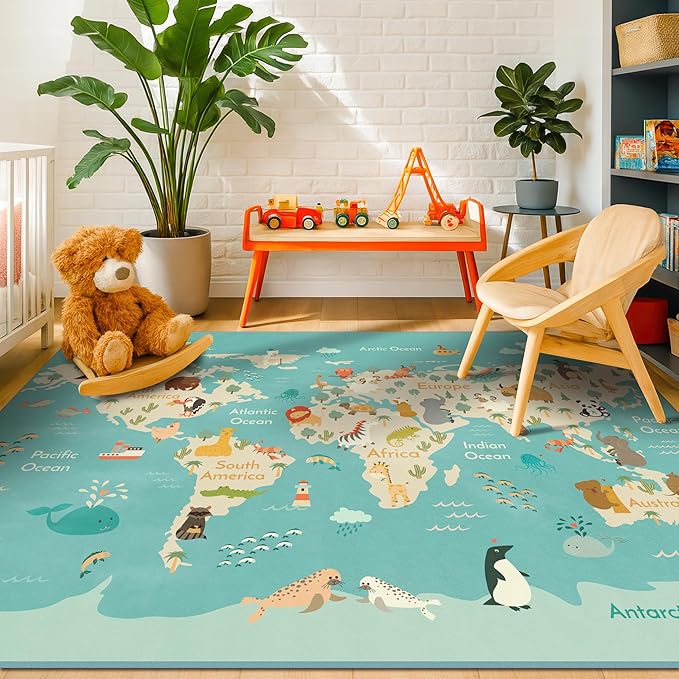 Washable Large Kids Playroom Rug with Animal – 5x8 Educational World Map Play Mat for Kids Room – Non-Slip, Stain Resistant, Soft & Safe for Baby, Nursery, Classroom or Bedroom - Blue Ocean
