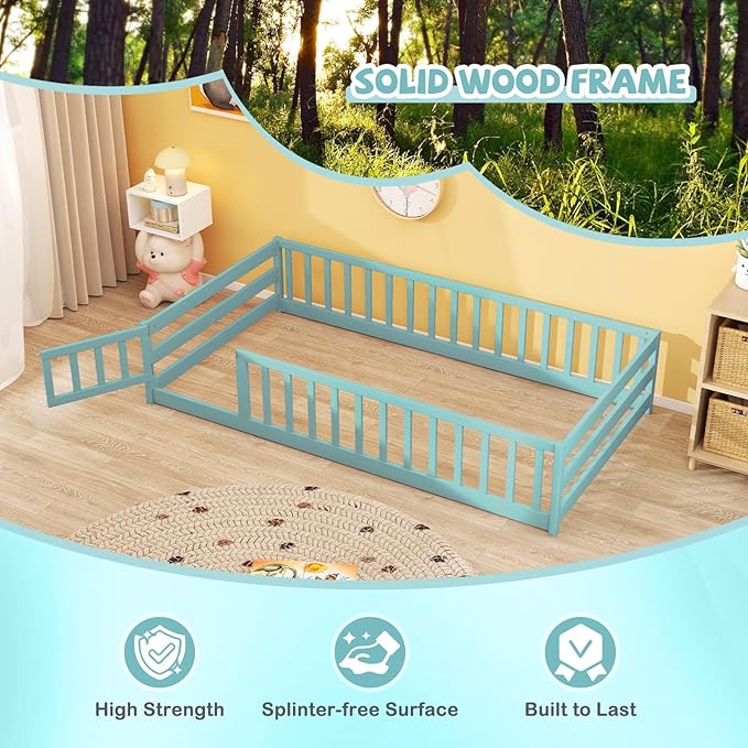 Giantex Twin Floor Bed with Door & Fence, Kids Wood Montessori Beds with Safety Guardrails, Floor Bed Twin for Kids, Boys, Girls, No Box Spring Needed, ICY Aqua