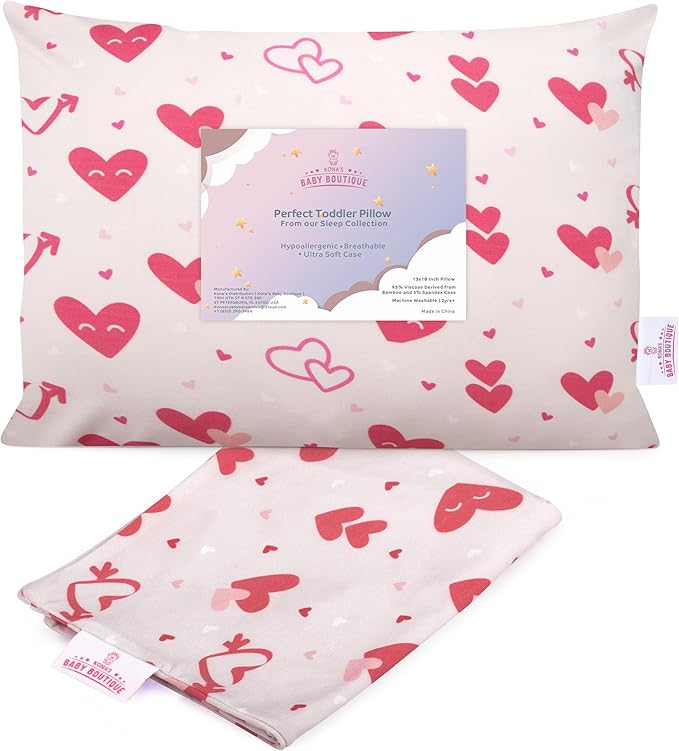 Pink Hearts - Kona's Perfect Toddler Pillow with Softest Toddler Pillowcase - 13 x 18 inch Toddler Pillow - Toddler Pillow 2 Year Old, Toddler Pillow 3 Year Old