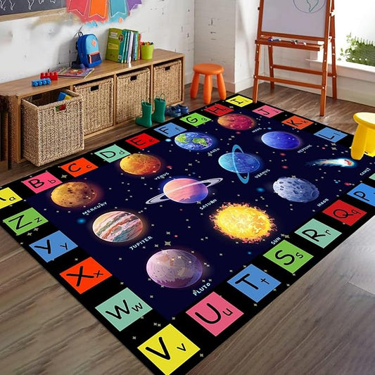 Solar System Planet Rug for Children's,3x4ft,Room Cartoon Space Playmat Rugs Preschool Education ABC Mat Low Pile Foldable Easy Clean Kids Mats Floor Playroom