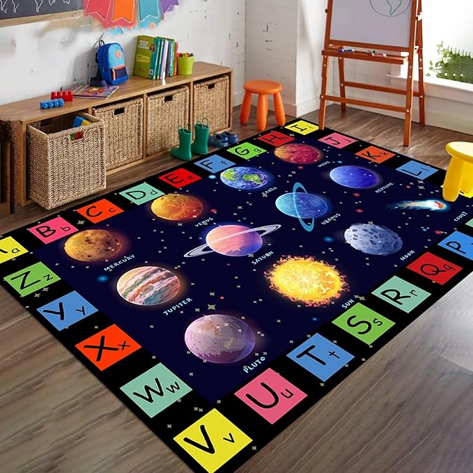 Solar System Planet Rug for Children's,5x8ft,Room Cartoon Space Playmat Rugs Preschool Education ABC Mat Low Pile Foldable Easy Clean Kids Mats Floor Playroom