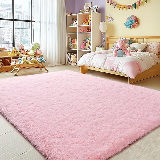 Merelax Modern Soft Fluffy Small Shaggy Rug for Bedroom Livingroom Dorm Kids Room Indoor Home Decorative, Non-Slip Plush Furry Fur Area Rugs Comfy Nursery Accent Floor Carpet 5X7 Feet,Pink