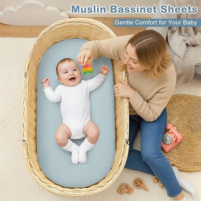 Basumee Muslin Bassinet Sheets for Baby Girl Boy 2 Pack Soft Breathable Baby Bedside Bassinet Fitted Sheets with Bottom Elastic Band 33''x17''x4'' Mattress Cover for Rectangle Oval Hourglass Bassinets