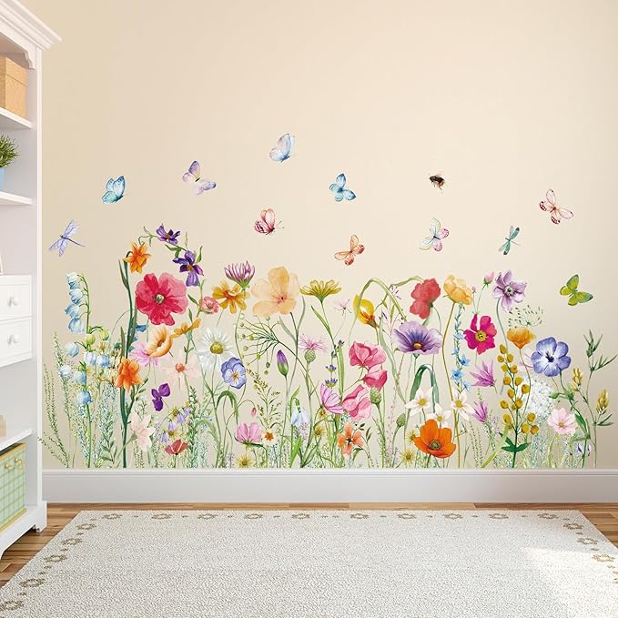 Colorful Flower Wall Sticker Floral Plant Grass Wall Decal Peel and Stick Flowers Butterfly Wall Art Mural Spring Wildflower Wall Sticker Decor for Bedroom Living Room