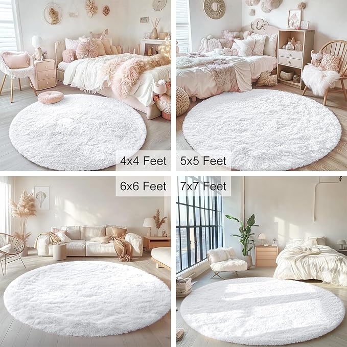 OLANLY White Round Rugs for Bedroom - Machine Washable, 6 ft Circle Area Rugs for Living Room, Soft and Fluffy Shaggy Carpet for Teen Girls and Boys, Nursery Rooms, Dorms, Home Decor Aesthetic