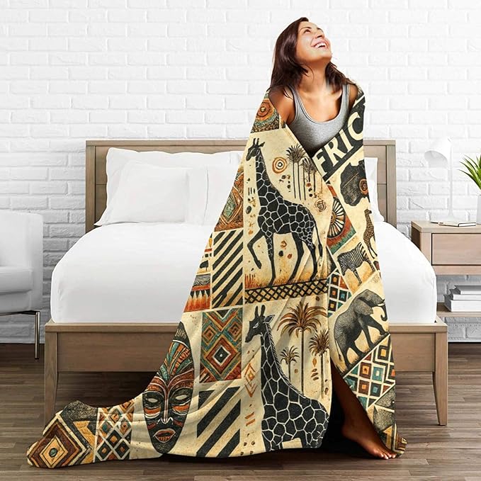 African Tribal Map Ethnic Pattern Blanket Vintage African Safari Animals Throw Blanket Soft Cozy Fleece Fuzzy Plush Warm Stuff Bedding Blankets Gifts for Boys Girls Kids Adult Men Women 50"X60"