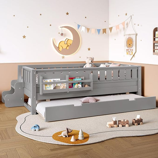 Bellemave Twin Bed with Trundle Twin and Stairs, Twin Size Platform Bed Frame with Fence and Bookshelf, Easy Assemble Beds for Kids, Girls, Boys, Gray