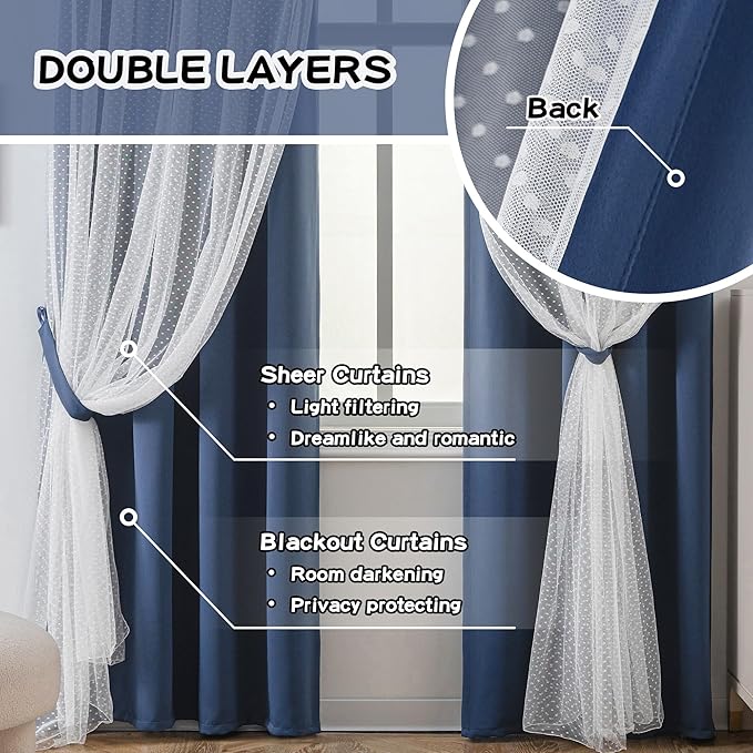 MYSKY HOME Navy Blue Blackout Curtains for Girls Bedroom & Nursery Kids Cute Curtains Double Layer with Polka Dots Sheer, Grommet Tops, 52x84 Inch Each Panel, 2 Panels