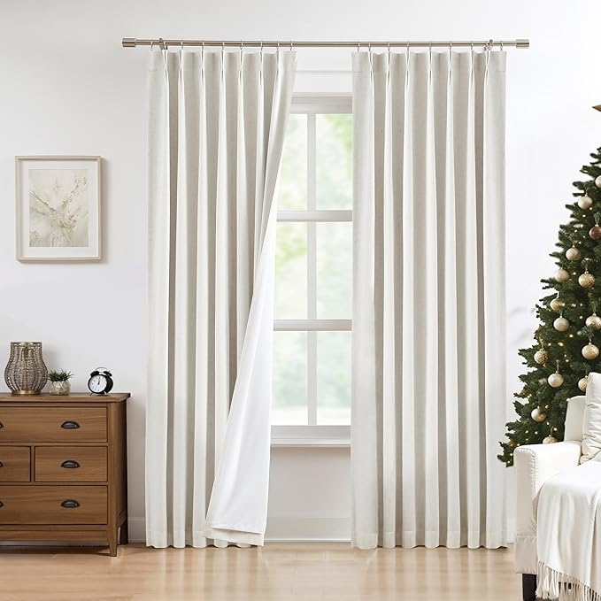 Natural Pinch Pleated Full Blackout Curtains Linen Texture Noise Reducing Window Treatment Panel 84 Inch Long for Living Room Bedroom Thermal Insulated Back Tab Drapes with Hooks, 2 Panel, 40"Wx84"L
