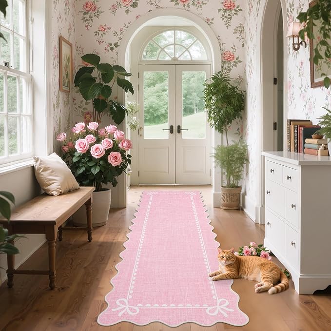 GarveeHome Scalloped Bow Rug for Living Room, Solid Pink Rug for Dorm, Washable Runner Rugs 2x6 Soft Low Pile Non Slip Scalloped Rugs for Nursery Bedroom Decor Hallway Entryway Playroom