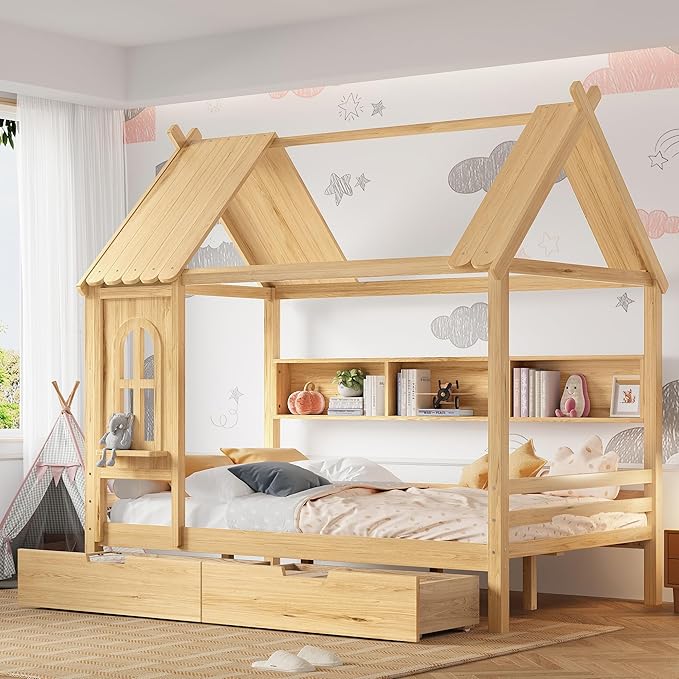 MERITLINE Full Size House Bed with Storage Drawers & Window, Solid Wood Platform Bed Frame with Shelves, No Spring Box Needed, Childlike Design for Kids, Girls, Boys, Natural