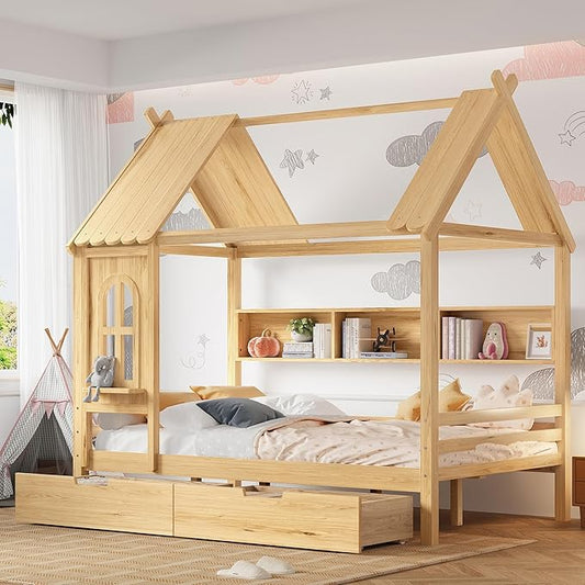 MERITLINE Full Size House Bed with Storage Drawers & Window, Solid Wood Platform Bed Frame with Shelves, No Spring Box Needed, Childlike Design for Kids, Girls, Boys, Natural