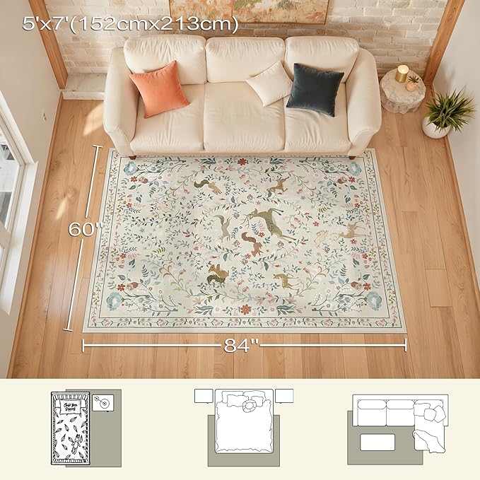5x7 Area Rugs for Living Room Floral Animal Print Carpet Washable Non-Slip Large Rug Low Pile for Indoor Bedroom Dining Room Nursery Home Office Farmhouse Kids Play Room Beige