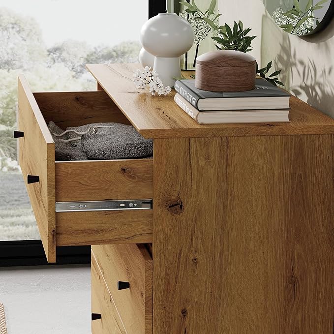 WAMPAT 3-Drawer Kids Dresser for Bedroom, Modern Small Chest of Drawers with Black Knobs, 35 Inch Wide Oak Brown Wood Children Dresser for Baby Room, Nursery, Living Room