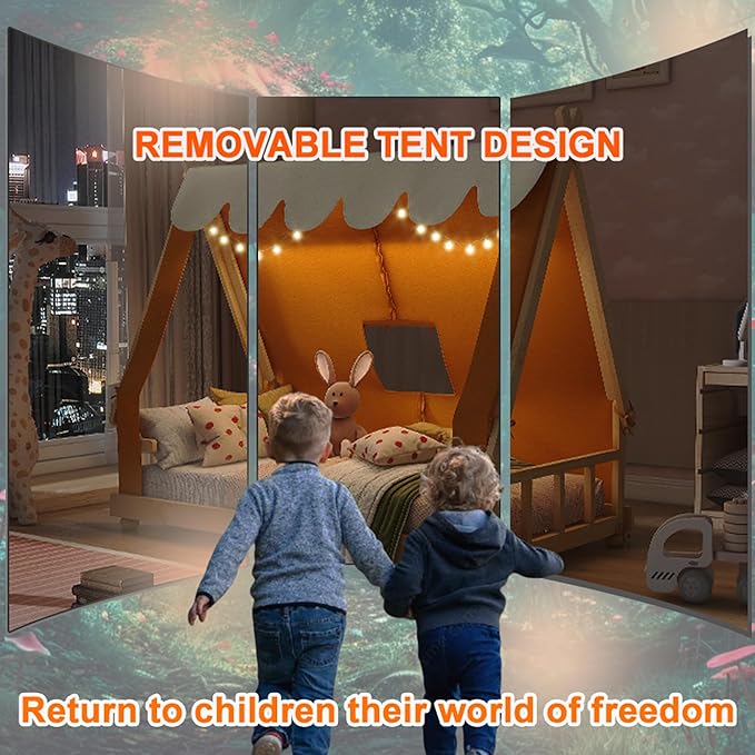 Twin House Bed for Kids with Light and Tent, Montessori Floor Bed Twin for Kids Girls Boys Teens Bedroom, Brown