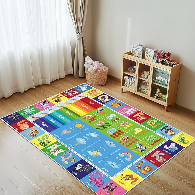 Baby Play Mat, ABC Rug for Kids Playroom, Non Slip Washable Toddler Floor Mat, Alphabet Numbers Colors Weather Learning Classroom Rug for Nursery or Preschool, 3x5 ft