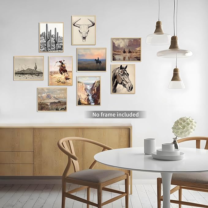 Western Desert Cowboy Posters Wall Art Set of 9, Boho Western Ranch Canvas Wall Decor Prints, Farmhouse Collage Aesthetic Pictures for Bedroom Bathroom Gallery Office Home Decoration 8x10in Unframed