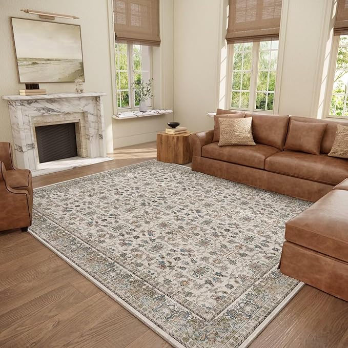 Washable 8x10 Area Rugs for Living Room, Boho Non-Slip Vintage Distress Large Rugs for Bedroom Dining Room Nursery Office, 0.3" Neutral Oriental Throw Thin Carpet, Cream/Blue/Orange/Multi
