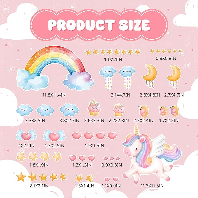 Large Unicorn and Rainbow Wall Decals Glow in The Dark, Watercolor Stars Stickers for Baby Girls Room, Luminous Ceiling Decor for Bedroom Playroom Nursery