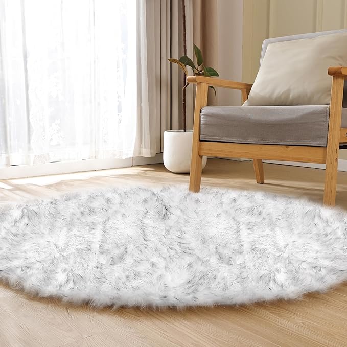 White and Grey Round Shag Rug 4ft Faux Sheepskin Fur Rugs for Living Room Small Circle Washable Plush Rug for Nursery Cute Room Décor