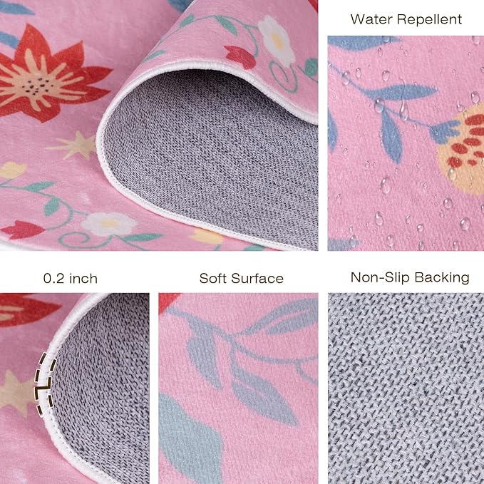6' Machine Washable Round Area Rug, Non-Slip Vintage Floral Circle Floor Rugs for Kids, Low Pile Room Carpet for Living Room, Bedroom, Dining Room & Nursery(6' Pink Mushroom)