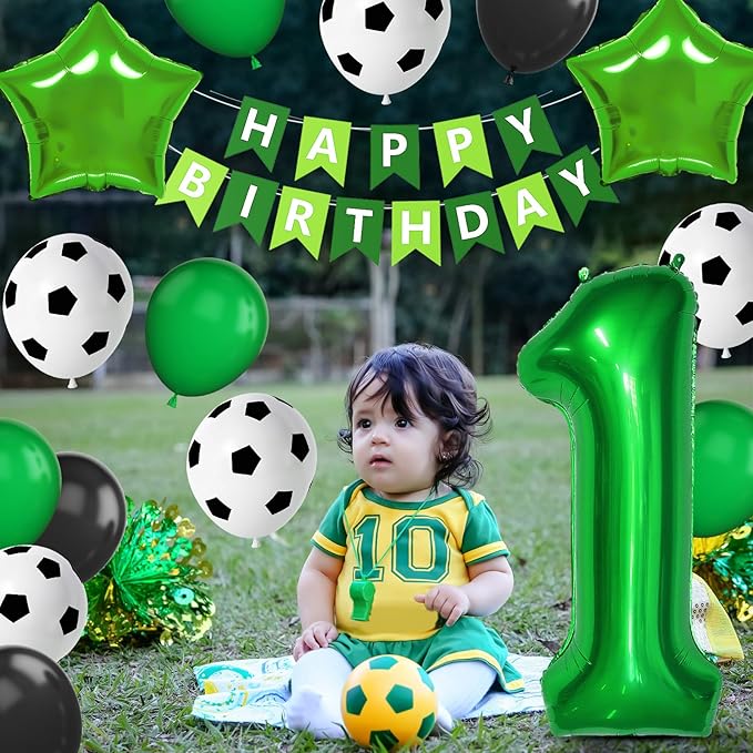 1st Soccer Birthday Decorations for Boys, Green Black Soccer Printed Balloons with 40 Inch Number 1 Star Foil Balloons Birthday Banner for 1 Year Old Soccer Sports Theme Party Decorations