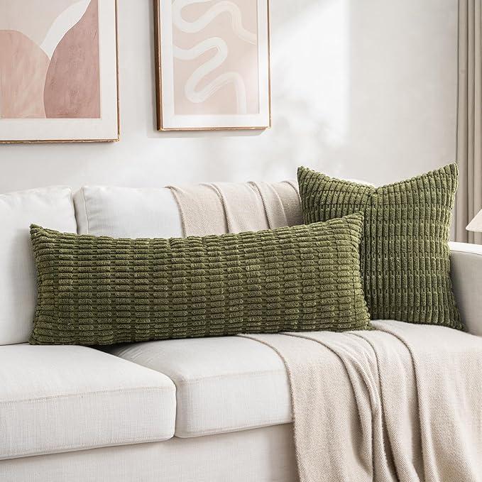 Fancy Homi 2 Packs Boho Moss Green Decorative Throw Pillow Covers 18x18 Inch for Couch Bed Sofa, Rustic Modern Farmhouse Home Decor, Soft Plush Corduroy Cute Square Cushion Case 45x45 cm