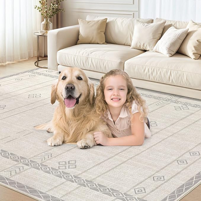 Area Rugs for Living Room Washable Living Room Rug Soft Neutral Indoor Floor Carpet Non-Slip Stain Resistant Modern Boho Rugs for Bedroom Dining Room Kids Room Nursery Office Home Beige Grey