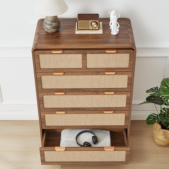 43" Tall Dresser for Bedroom, 5 Drawer Mid Century Modern Dresser with Natural Linen, Curved Wood Chest of Drawers Closet Clothes Storage Organizer for Living Room, Hallway (Walnut)